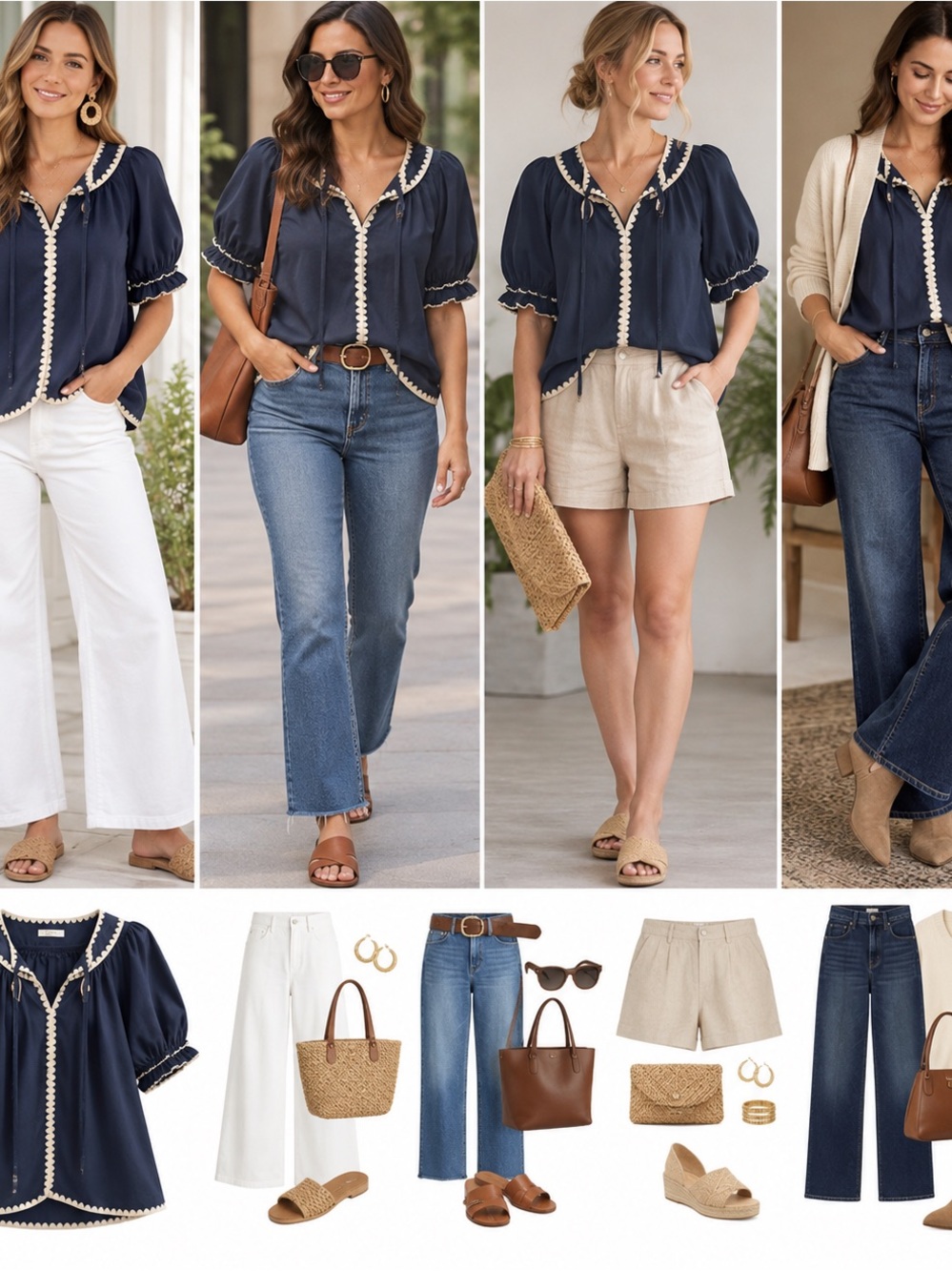 Navy Puff-Sleeve Blouse with Cream Trim - Unbranded
